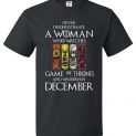 Never Underestimate A Woman Watches Game Of Thrones Born In December T-shirt