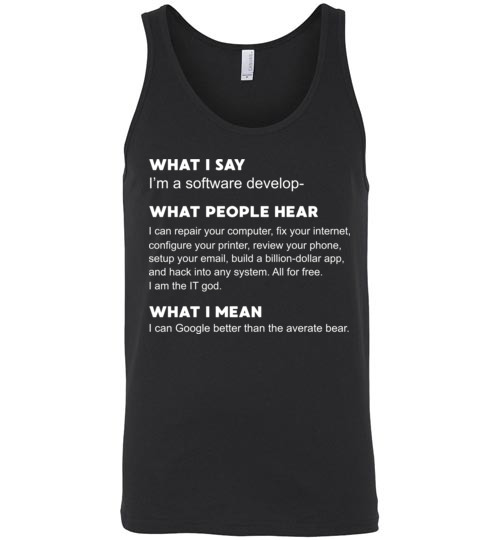 $24.95 - Developer Funny shirts: what people hear when i say i’m a software developer Unisex Tank